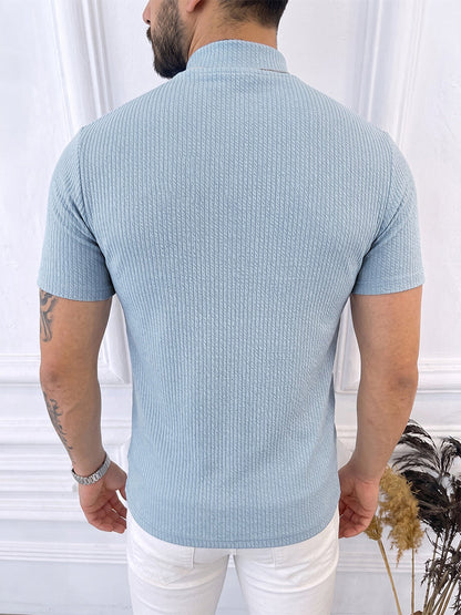 Mock Neck Vertical Cable Knit Short Sleeve T-Shirt