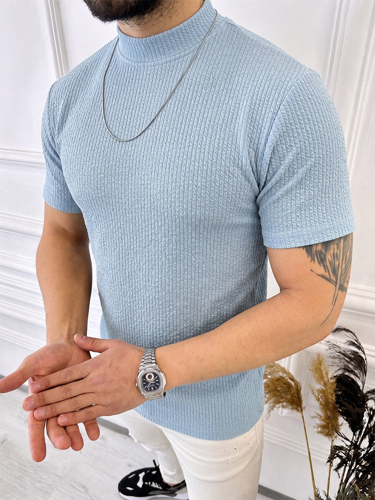 Mock Neck Vertical Cable Knit Short Sleeve T-Shirt