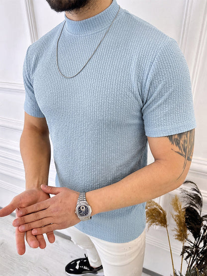 Mock Neck Vertical Cable Knit Short Sleeve T-Shirt