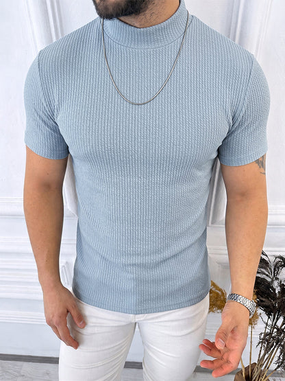 Mock Neck Vertical Cable Knit Short Sleeve T-Shirt