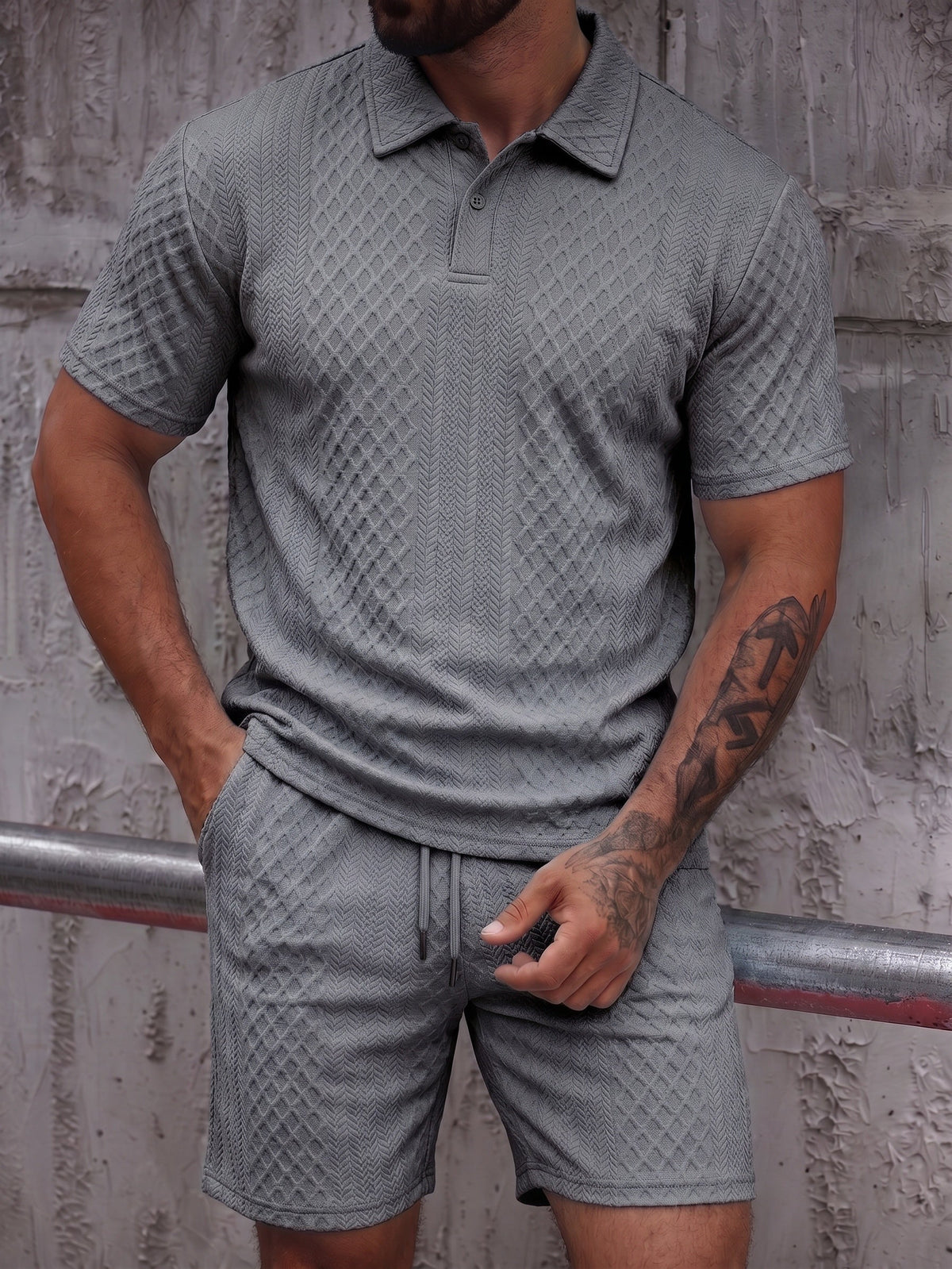 Textured Jacquard Polo Shirt and Shorts 2 Piece Set