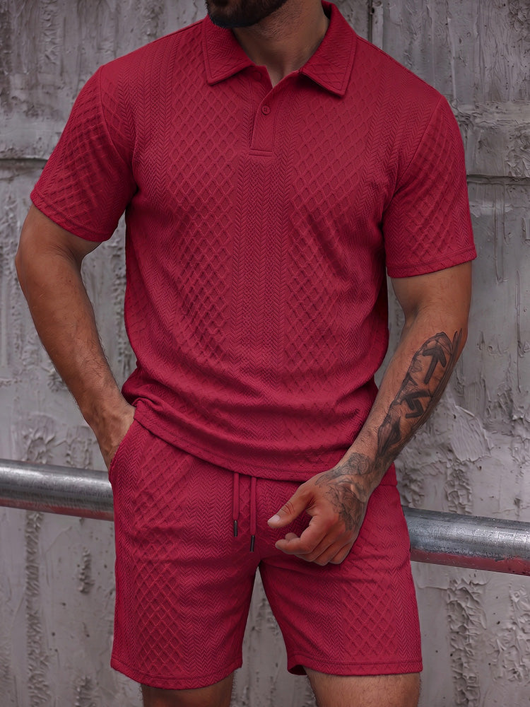 Textured Jacquard Polo Shirt and Shorts 2 Piece Set