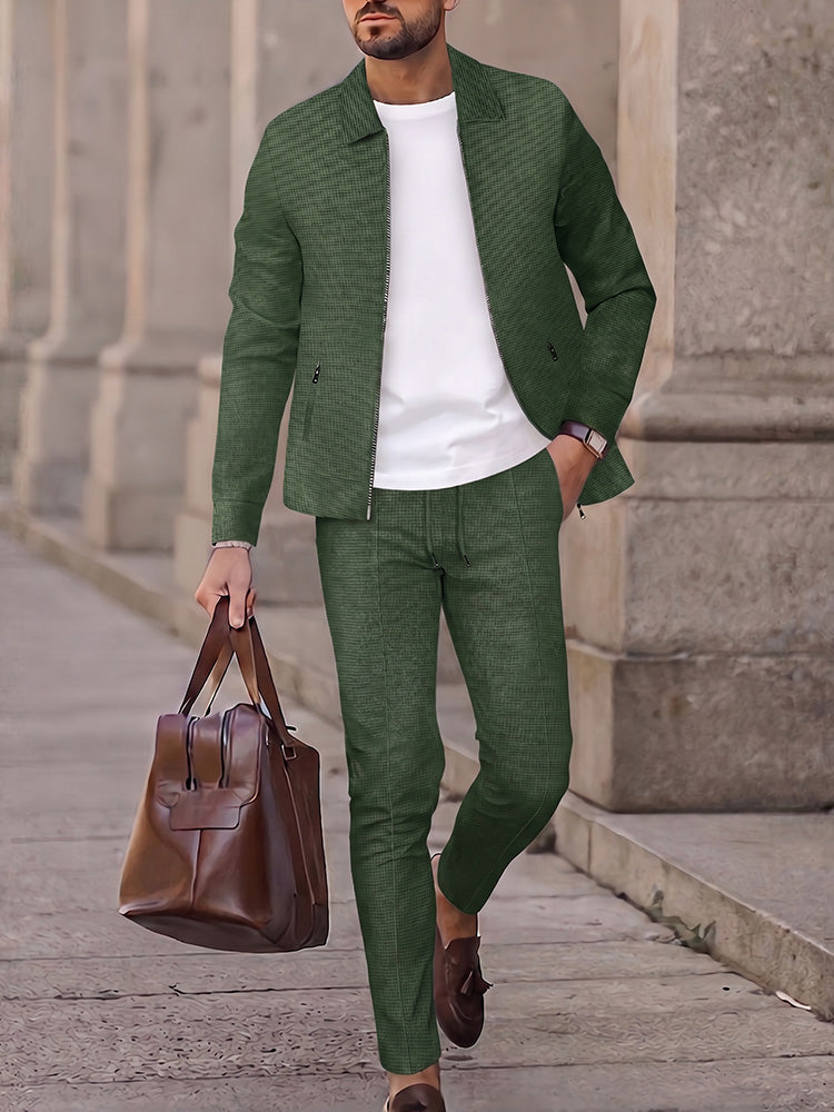 Modern Smart Casual Plaid Zip Jacket and Slim Pants Set