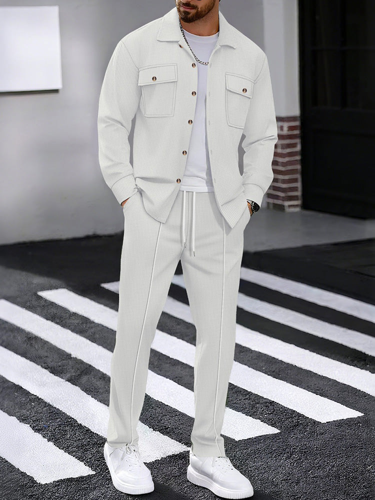 Waffle Knit Lapel Collar 2-Piece Shirt Set