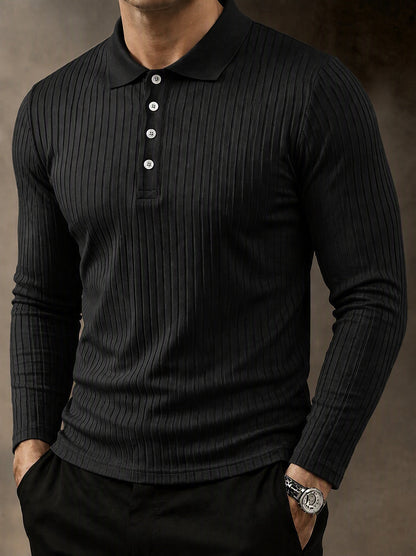 Casual Long Sleeve Ribbed Knit Polo Shirt