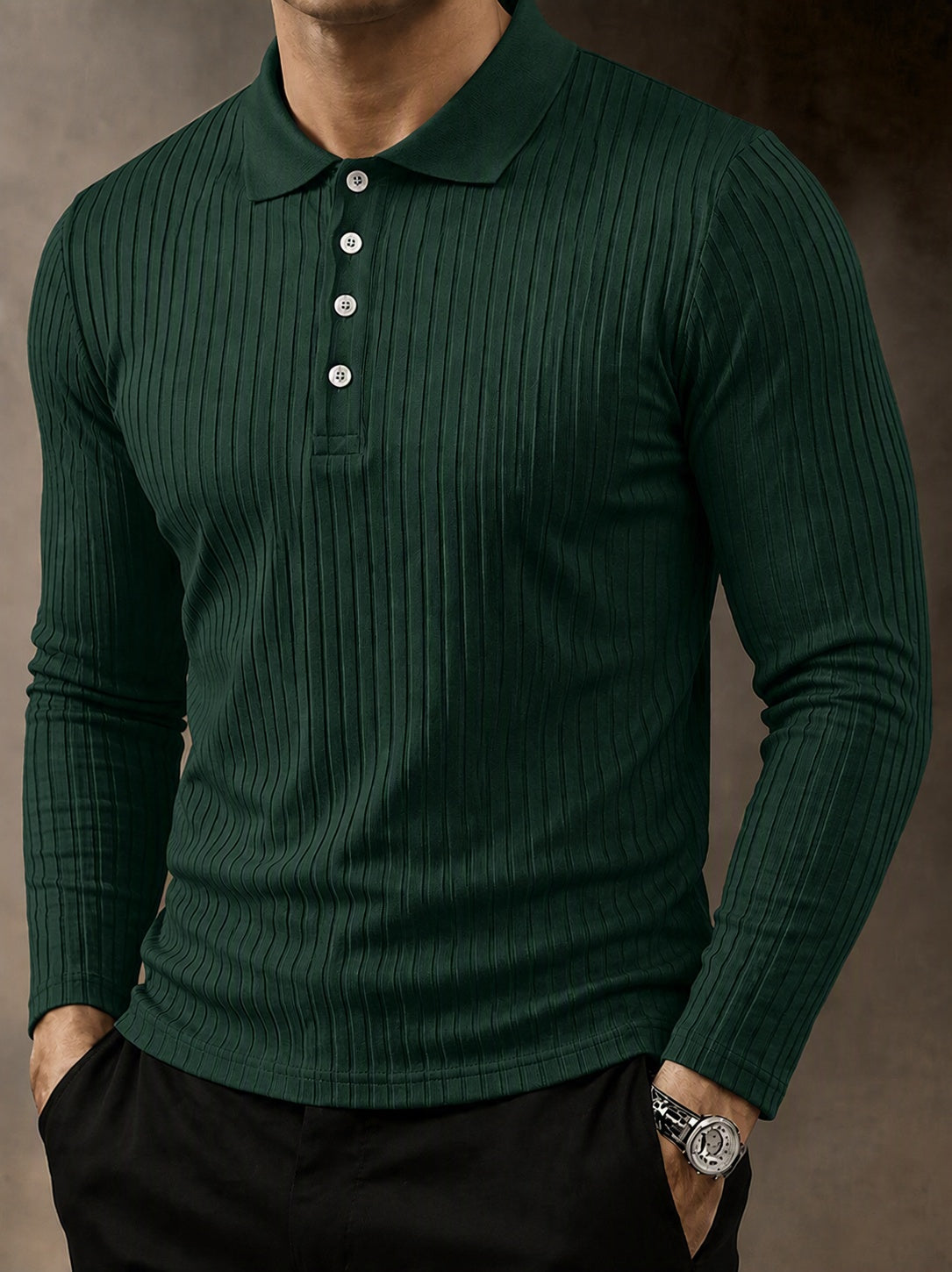Casual Long Sleeve Ribbed Knit Polo Shirt