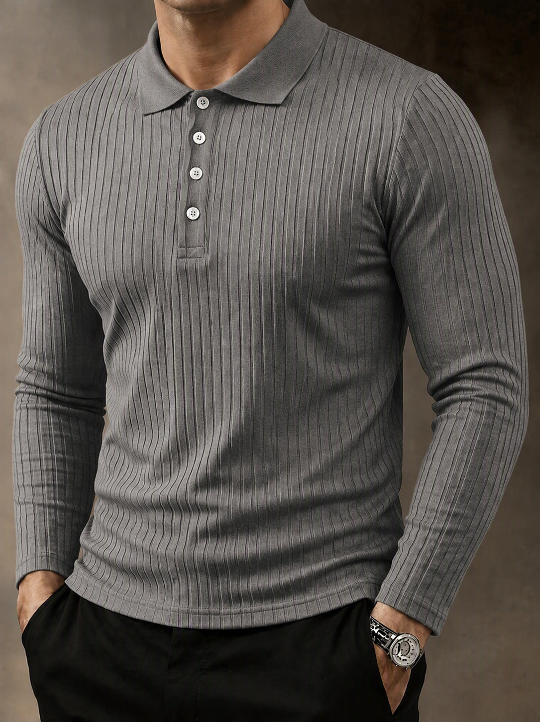 Casual Long Sleeve Ribbed Knit Polo Shirt