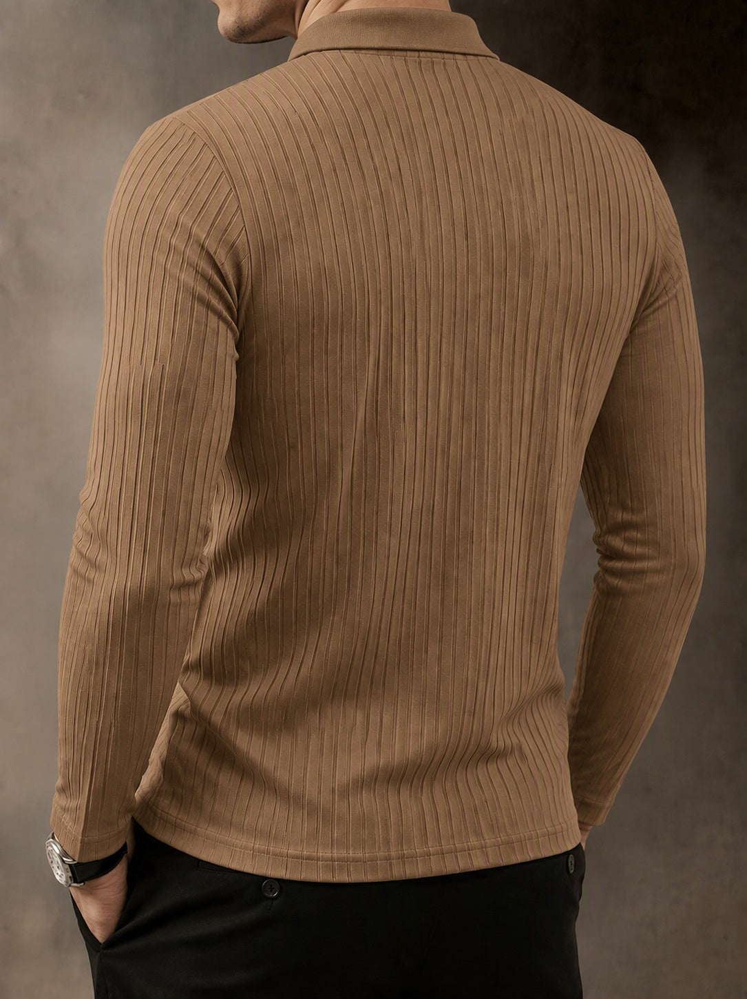 Casual Long Sleeve Ribbed Knit Polo Shirt
