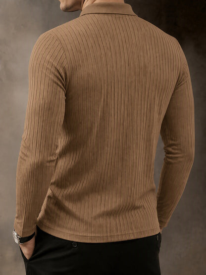 Casual Long Sleeve Ribbed Knit Polo Shirt