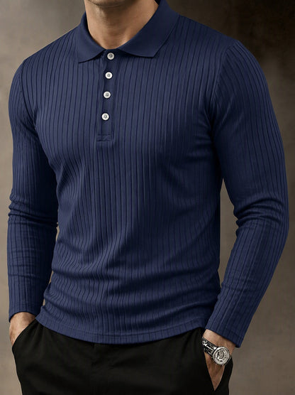 Casual Long Sleeve Ribbed Knit Polo Shirt