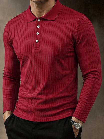 Casual Long Sleeve Ribbed Knit Polo Shirt