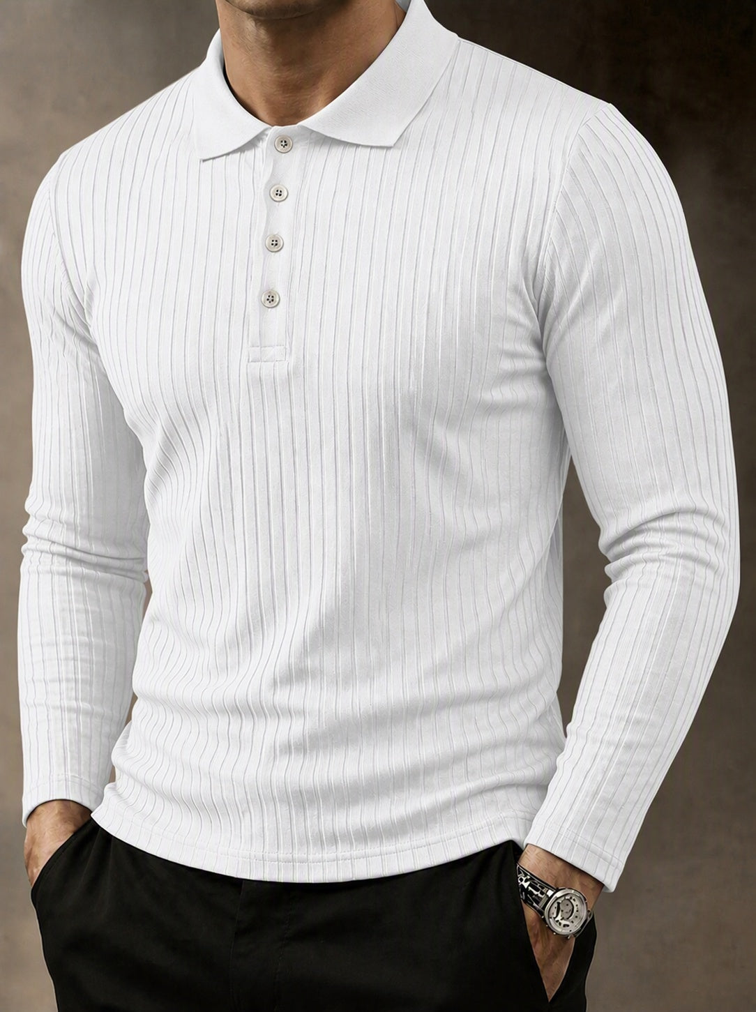 Casual Long Sleeve Ribbed Knit Polo Shirt