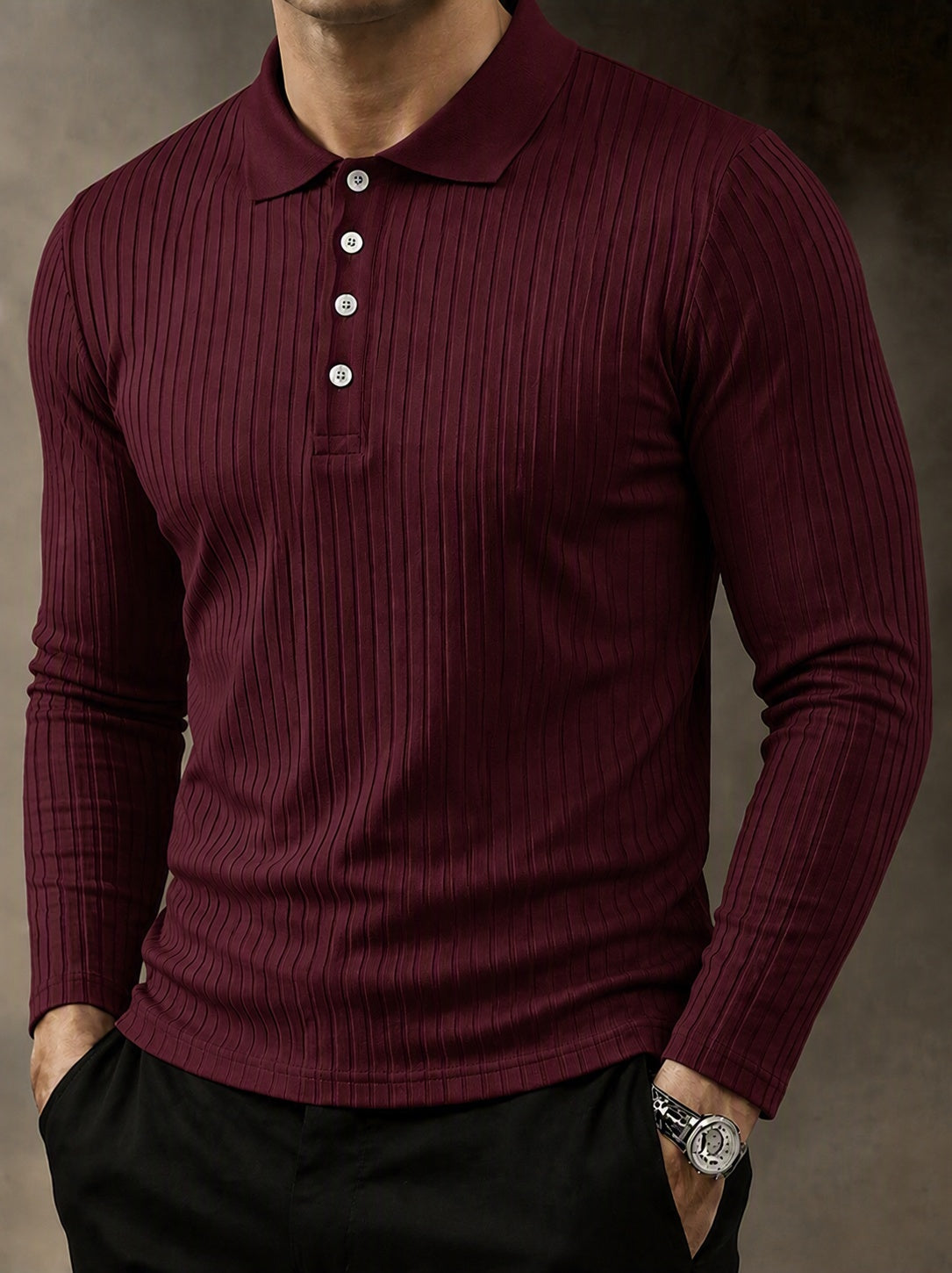 Casual Long Sleeve Ribbed Knit Polo Shirt