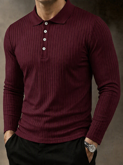 Casual Long Sleeve Ribbed Knit Polo Shirt