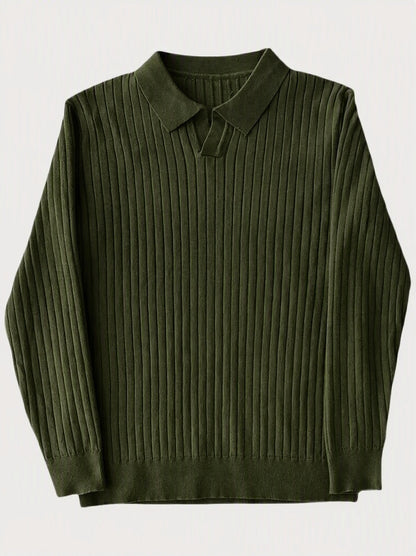 Minimalist Long Sleeve Ribbed Knit Polo Shirt