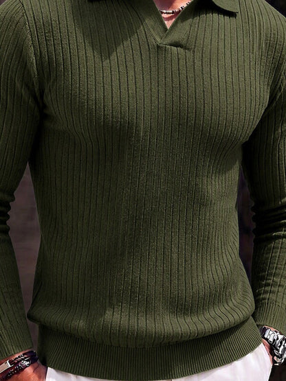 Minimalist Long Sleeve Ribbed Knit Polo Shirt