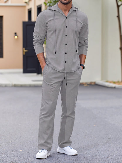 Hooded Button-Down Crinkle 2-Piece Set