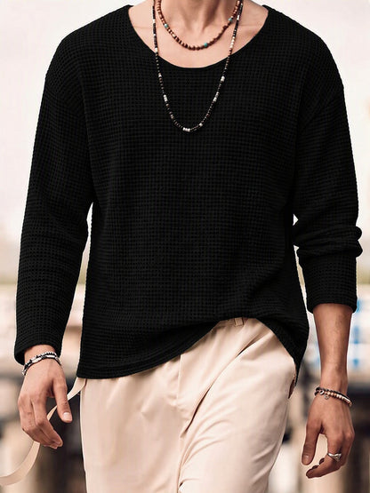Waffle Knit Deep U-Neck Drop Shoulder Pullover Shirt