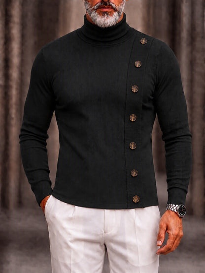 Decorative Buttons Ribbed Knit Turtleneck Sweater