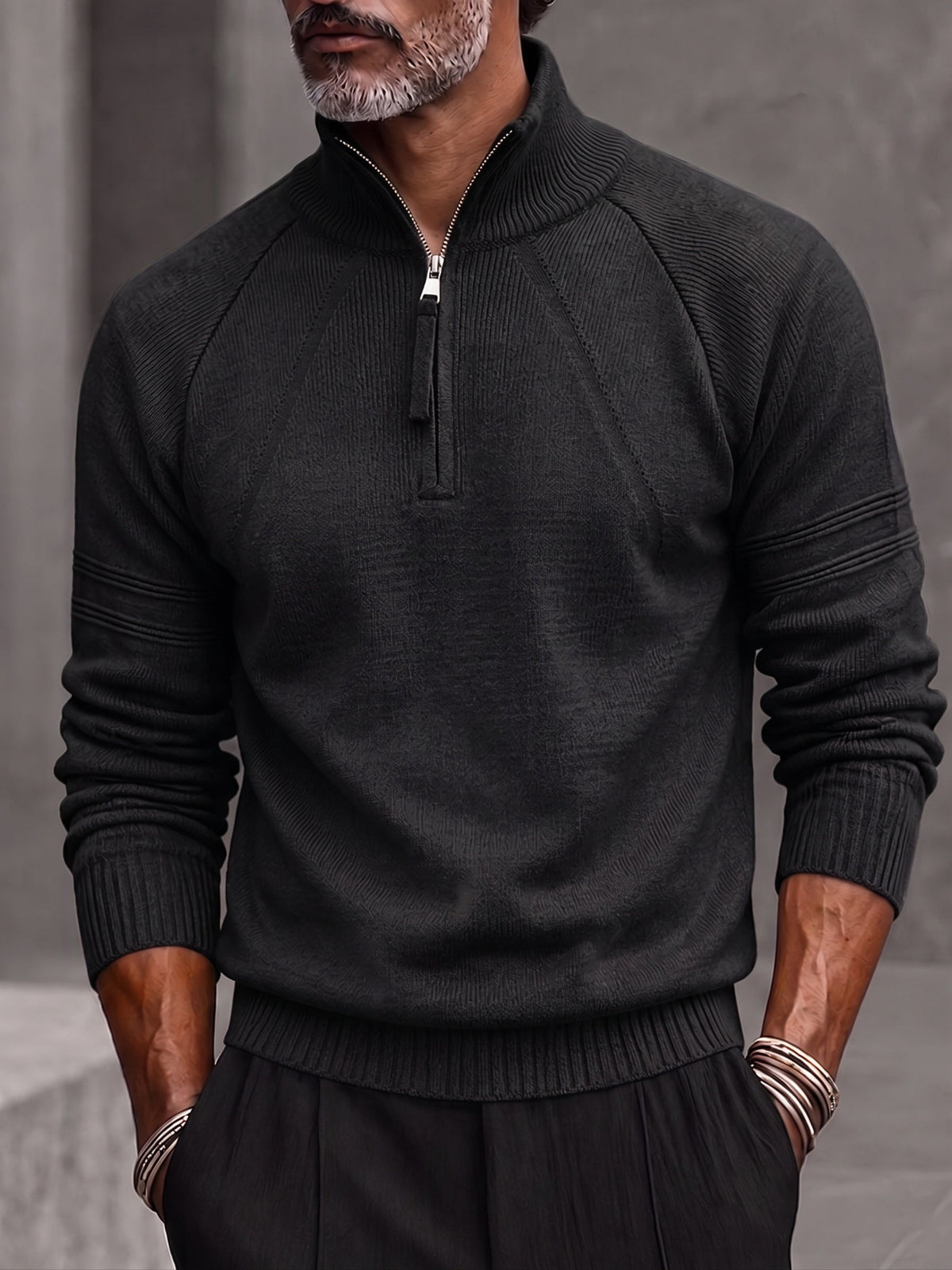 Quarter Zip Mock Neck Raglan Sleeve Knit Sweater