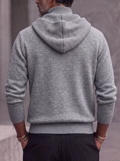 Double Collar Quarter-Zip Button Hooded Knit Pullover Sweater