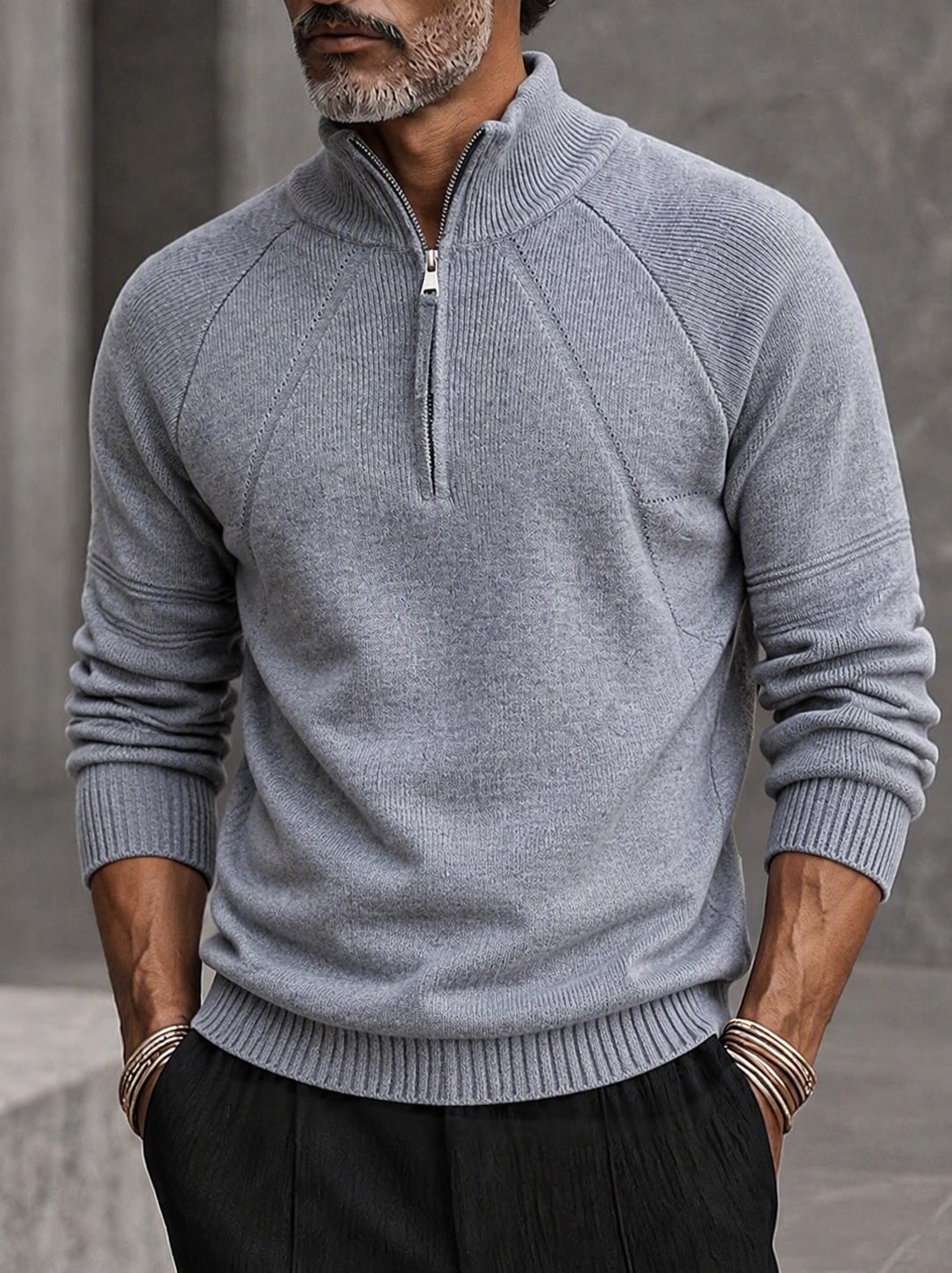 Quarter Zip Mock Neck Raglan Sleeve Knit Sweater