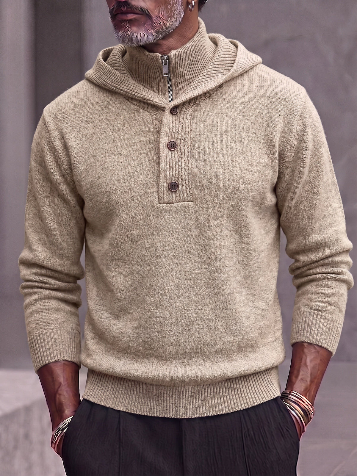 Double Collar Quarter-Zip Button Hooded Knit Pullover Sweater