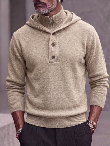 Double Collar Quarter-Zip Button Hooded Knit Pullover Sweater