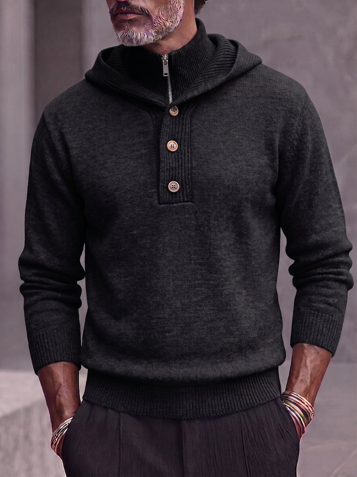Double Collar Quarter-Zip Button Hooded Knit Pullover Sweater