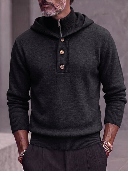 Double Collar Quarter-Zip Button Hooded Knit Pullover Sweater