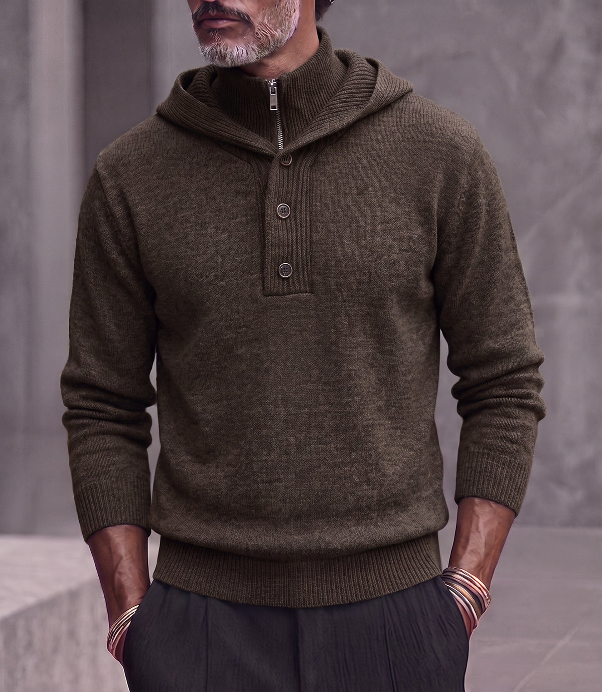 Double Collar Quarter-Zip Button Hooded Knit Pullover Sweater
