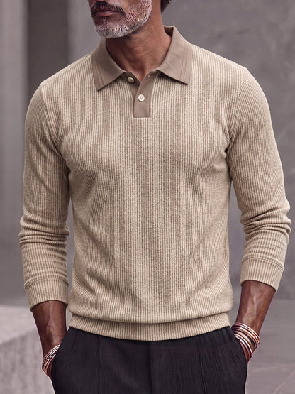 Men's Contrast Collar Ribbed Knit Long Sleeve Polo Shirt