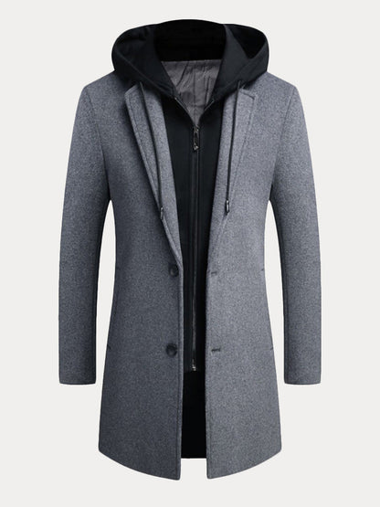Faux Two-Piece Hooded Wool Blend Overcoat