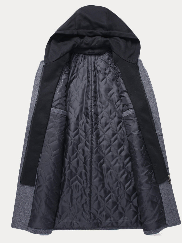 Faux Two-Piece Hooded Wool Blend Overcoat