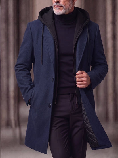 Faux Two-Piece Hooded Wool Blend Overcoat