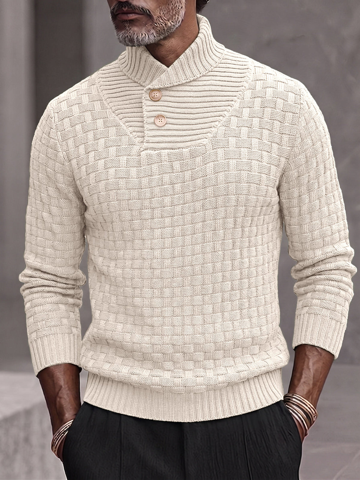 Men's Shawl Mock Neck Textured Knit Pullover Sweater