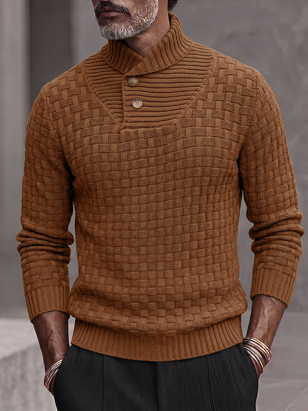 Men's Shawl Mock Neck Textured Knit Pullover Sweater