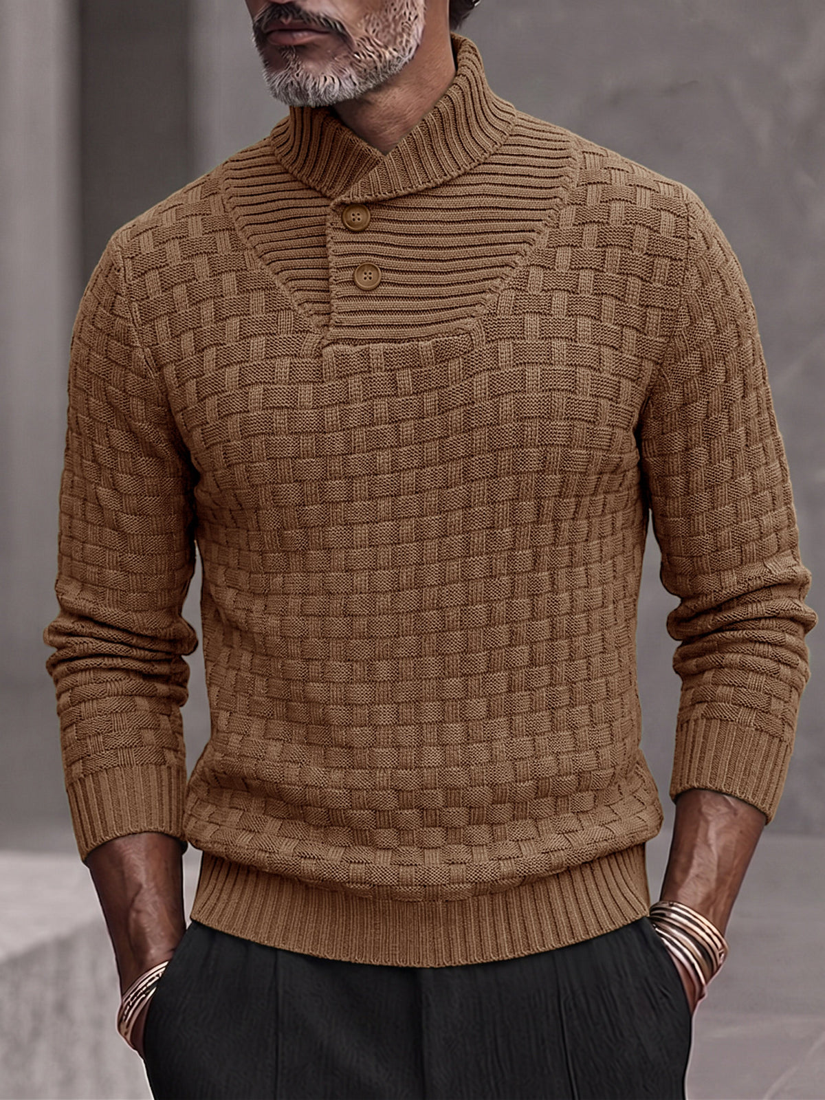 Men's Shawl Mock Neck Textured Knit Pullover Sweater