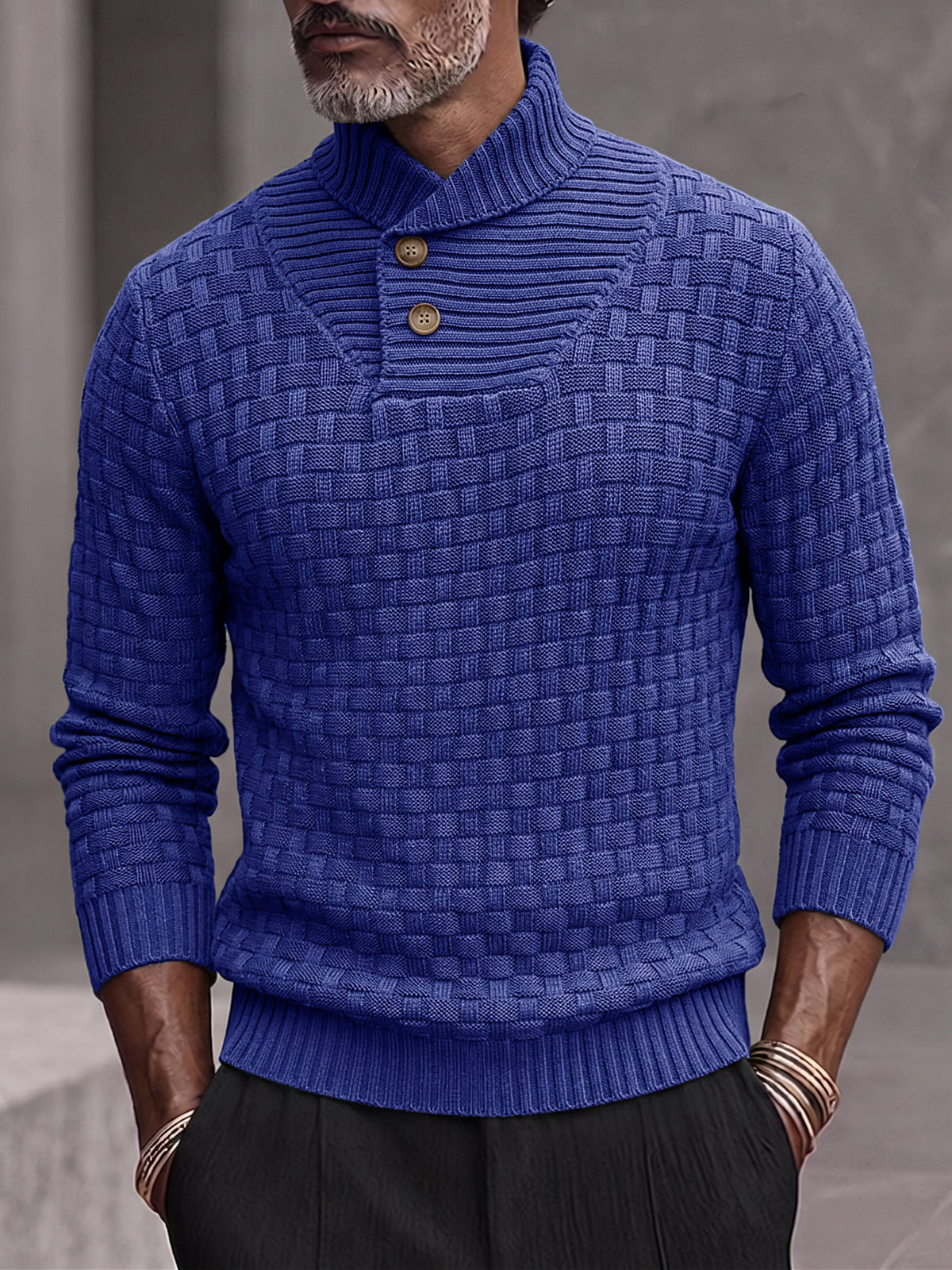 Men's Shawl Mock Neck Textured Knit Pullover Sweater