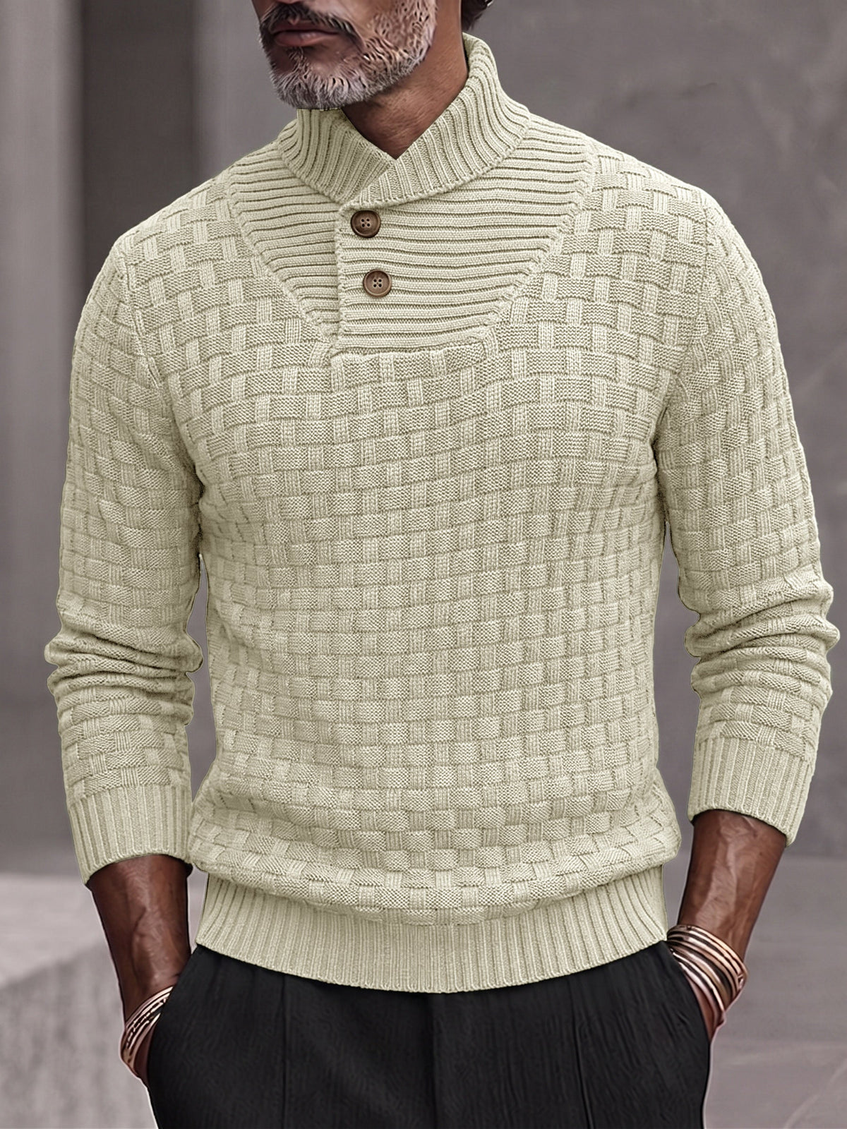 Men's Shawl Mock Neck Textured Knit Pullover Sweater