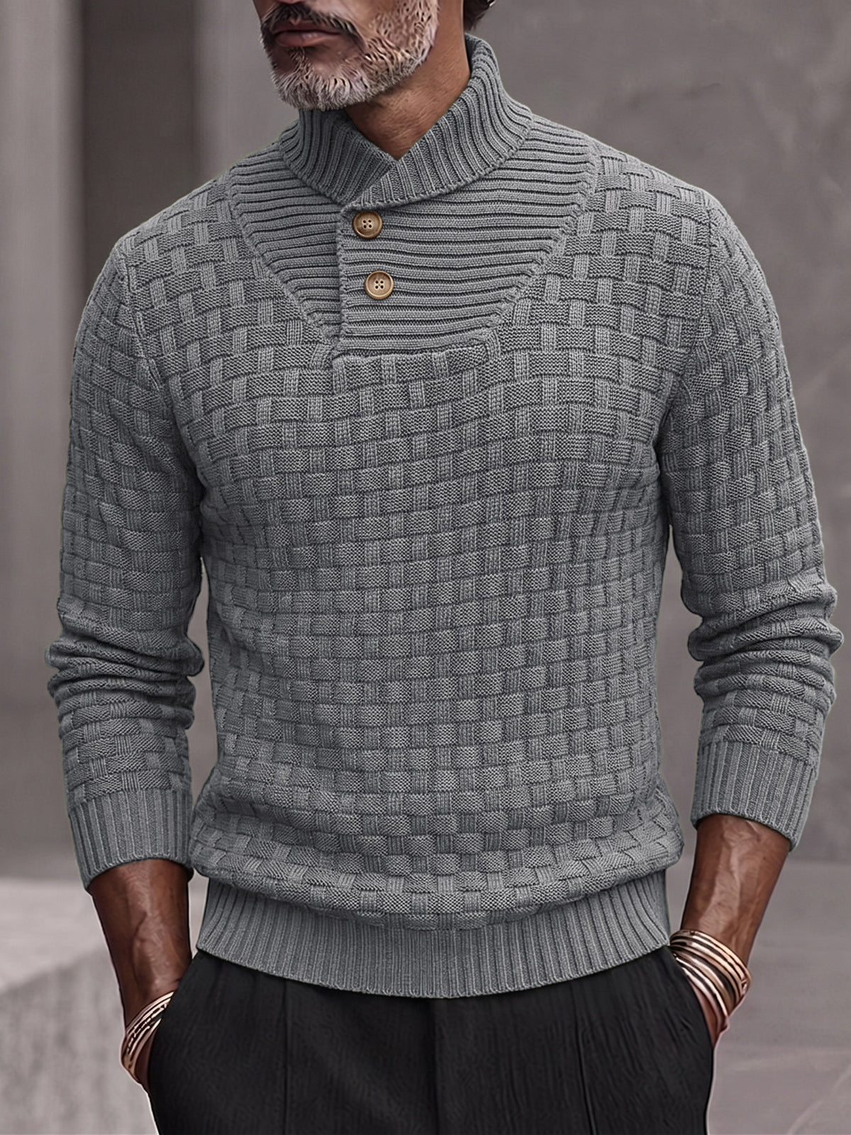 Men's Shawl Mock Neck Textured Knit Pullover Sweater
