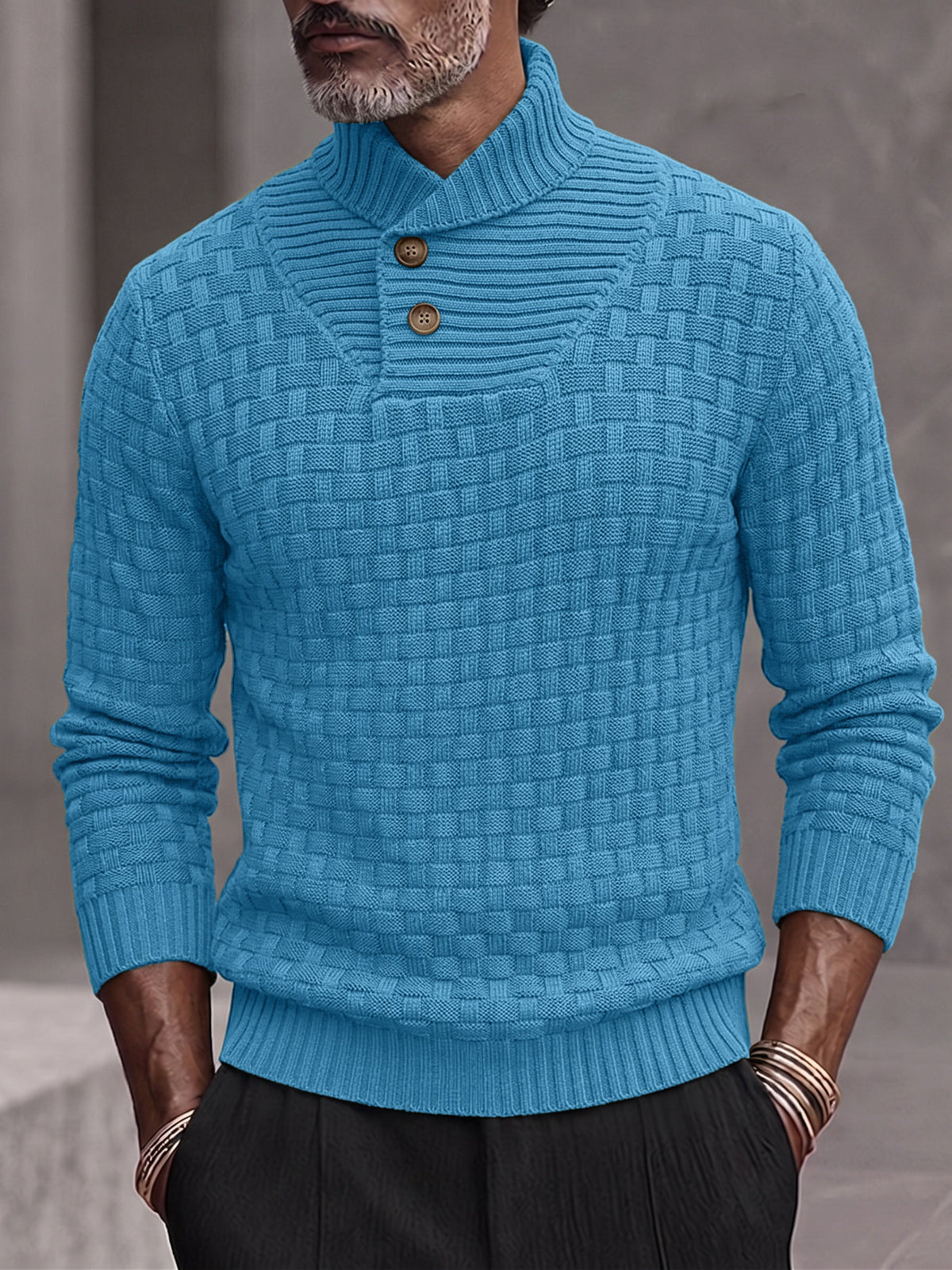 Men's Shawl Mock Neck Textured Knit Pullover Sweater