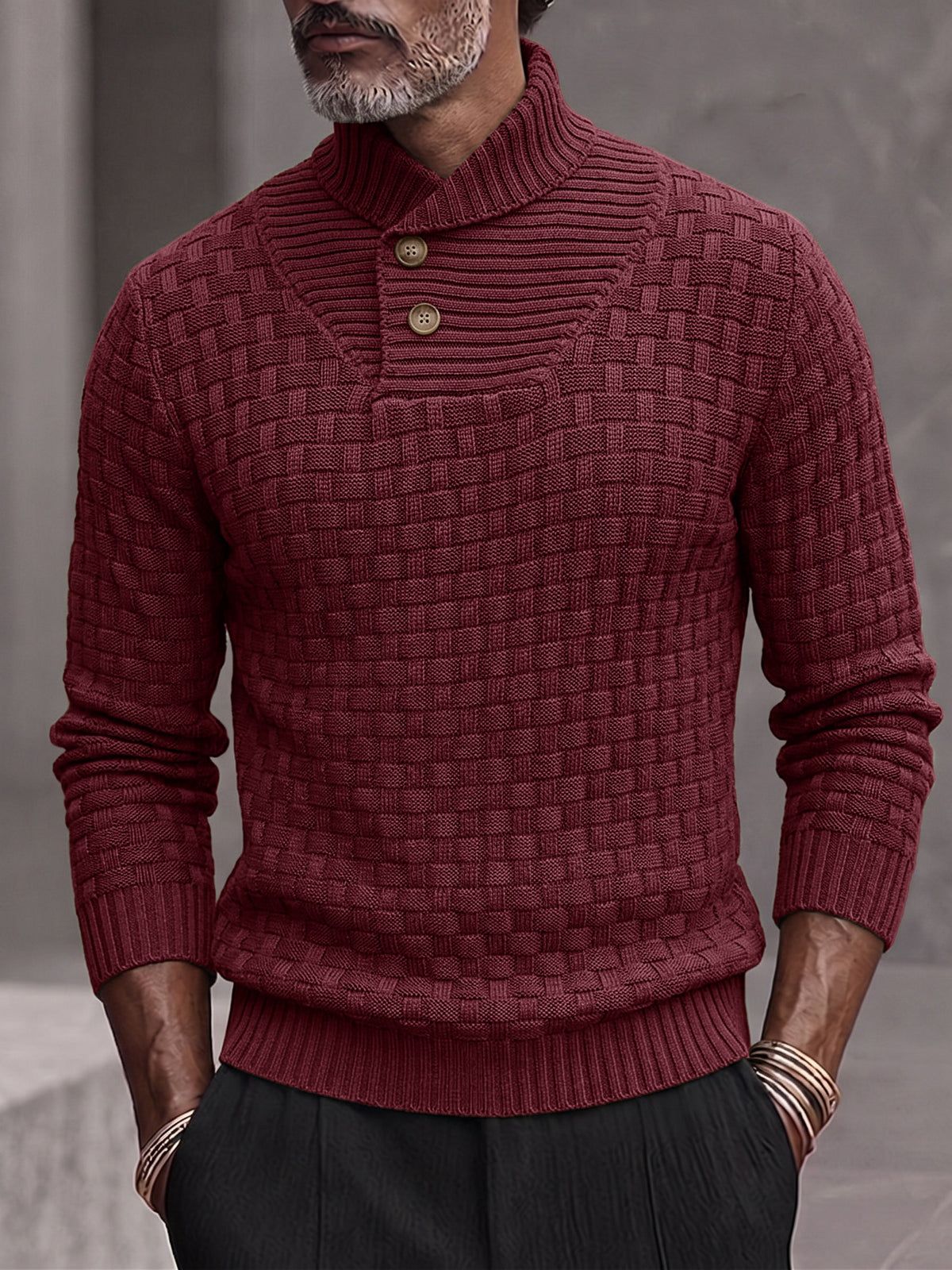 Men's Shawl Mock Neck Textured Knit Pullover Sweater