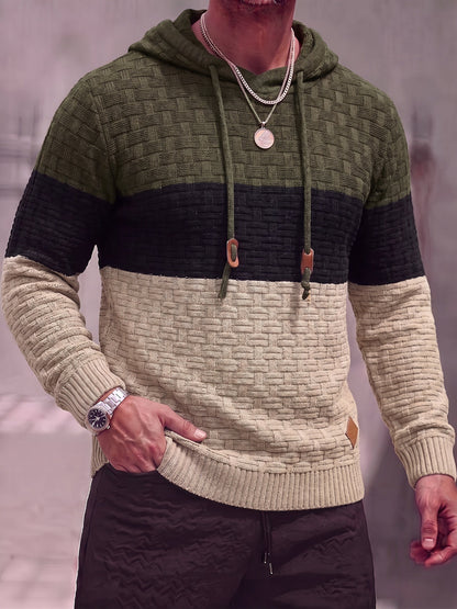 Color Block Textured Knit Hooded Pullover Sweater