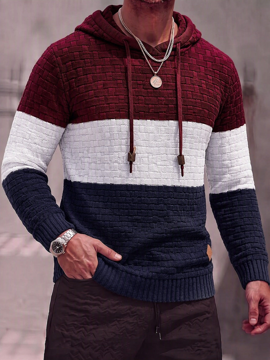 Color Block Textured Knit Hooded Pullover Sweater