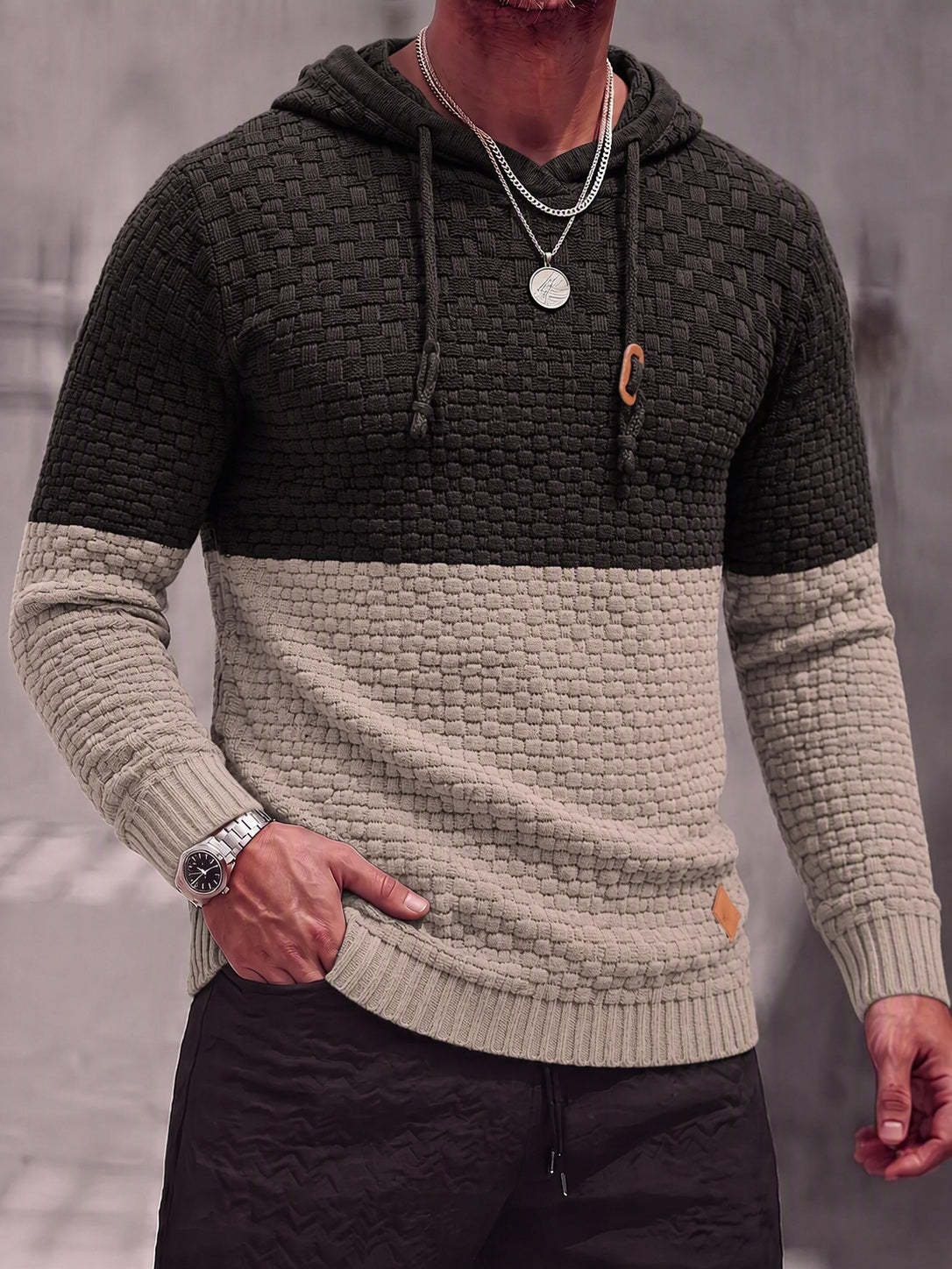 Color Block Textured Knit Hooded Pullover Sweater