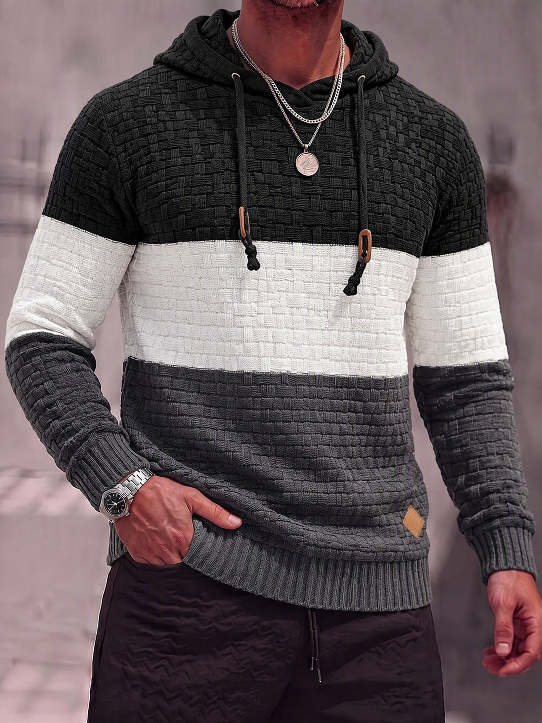 Color Block Textured Knit Hooded Pullover Sweater