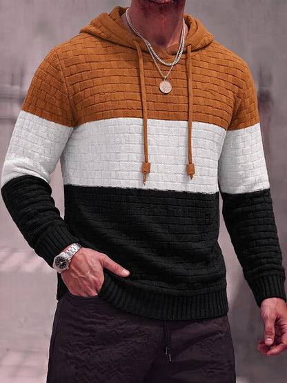 Color Block Textured Knit Hooded Pullover Sweater