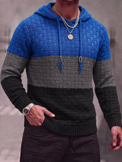 Color Block Textured Knit Hooded Pullover Sweater