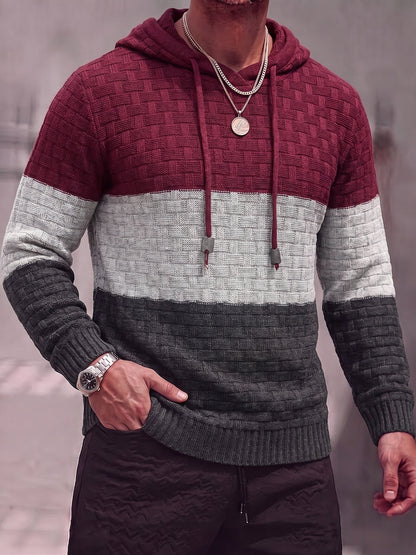Color Block Textured Knit Hooded Pullover Sweater